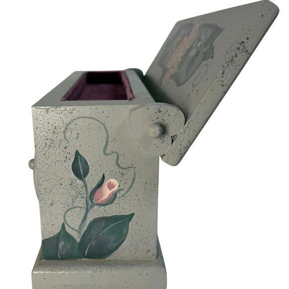 Vintage Painted Wood Jewelry Box Heart Drawers Roses Hummingbirds - Picture 7 of 10